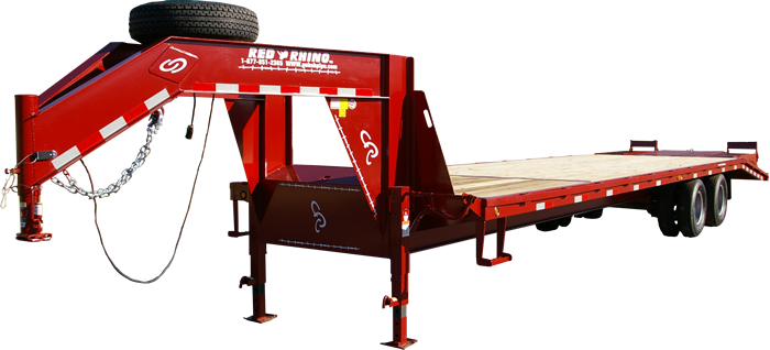 Red Rhino 33 foot, 10K with six foot ramps, pop-up center, LED lights and spare tire mounted.