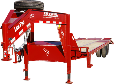 Red Rhino 32 foot, 10K Low Pro with five foot ramps, pop-up center, LED lights and spare tire mounted.