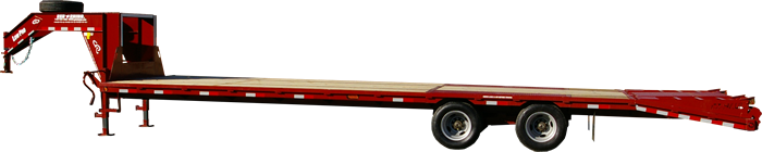 Red Rhino 32 foot, 10K Low Pro with five foot ramps, pop-up center, LED lights and spare tire mounted.